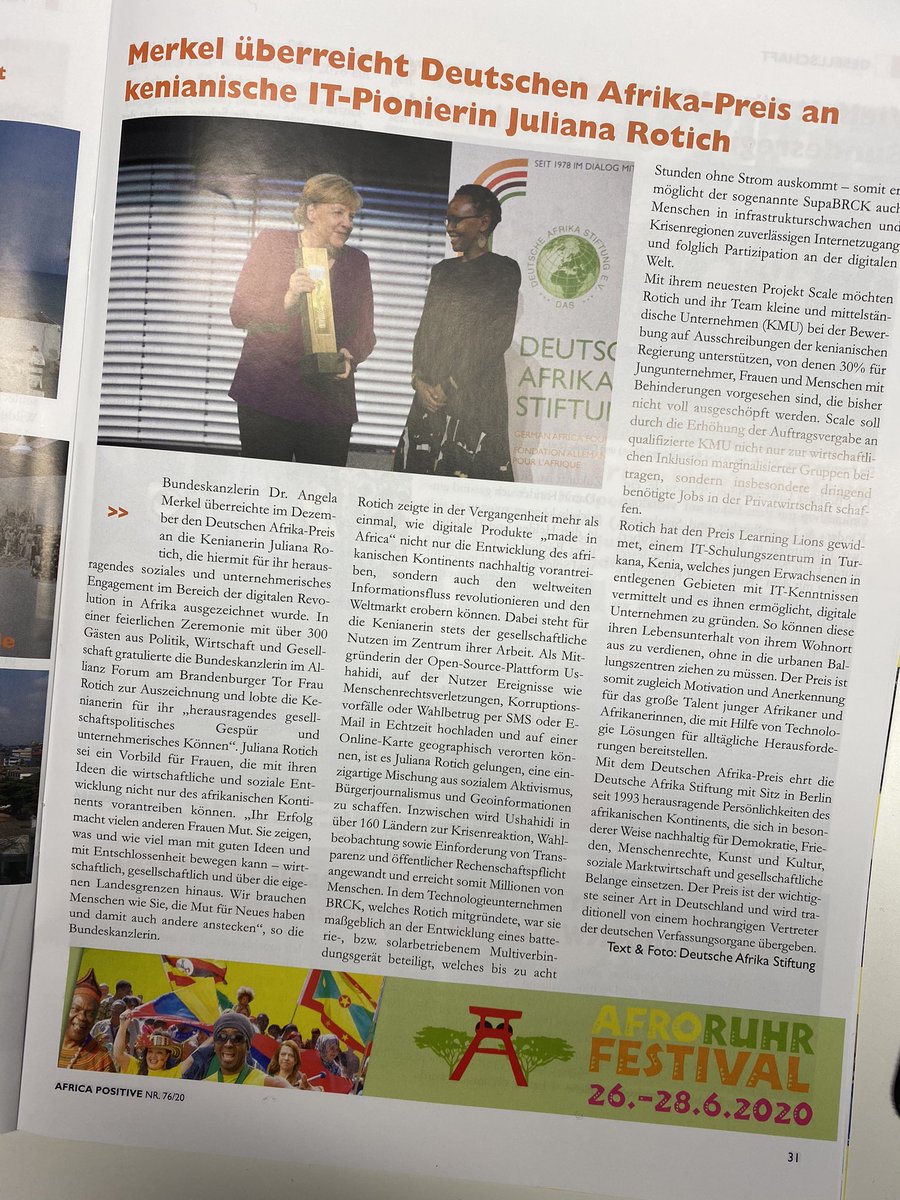 _DASonline's tweet photo. Wir freuen uns, dass #AfricaPositive in seiner neuen Ausgabe über die Verleihung des Deutschen Afrika-Preises #DAP2019 an IT-Sozialunternehmerin Juliana Rotich @afromusing aus #Kenia durch die #Bundeskanzlerin berichtet. Danke an @veyetatah und das Team von Africa Positive. https://t.co/00aiPIRRo7
