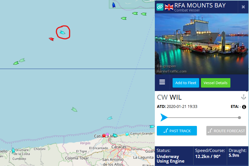 The UK ship appears to be taking a much wider course, and will not pass close to the Venezuelan shoreline. However they will pass very close to La Orchilla, the military fortress island.