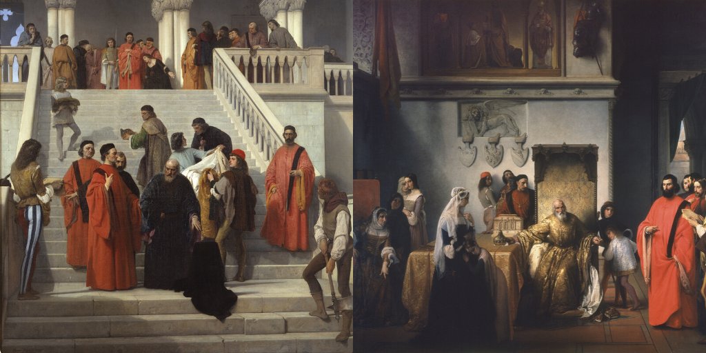 F. Hayez, "Gli ultimi momenti del doge Marin Faliero sulla scala detta del Piombo", 1867 e "Il doge Francesco Foscari destituito", 1844