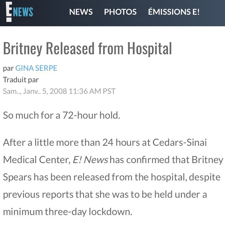 She was released from the hospital the next day and was not required to remain for 72-hours.  #FreeBritney