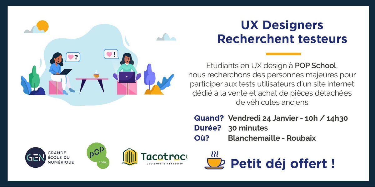 Vous êtes libres ce vendredi 24 Janvier de 10h30 à 14h ? 
Nous vous invitons à donner votre avis aux cours d'une enquête utilisateurs sur notre site web Tacotroc.com ! 

👉 docs.google.com/forms/d/1V_NkR…
📍87 rue Fontenoy - Blanchemaille (59100)