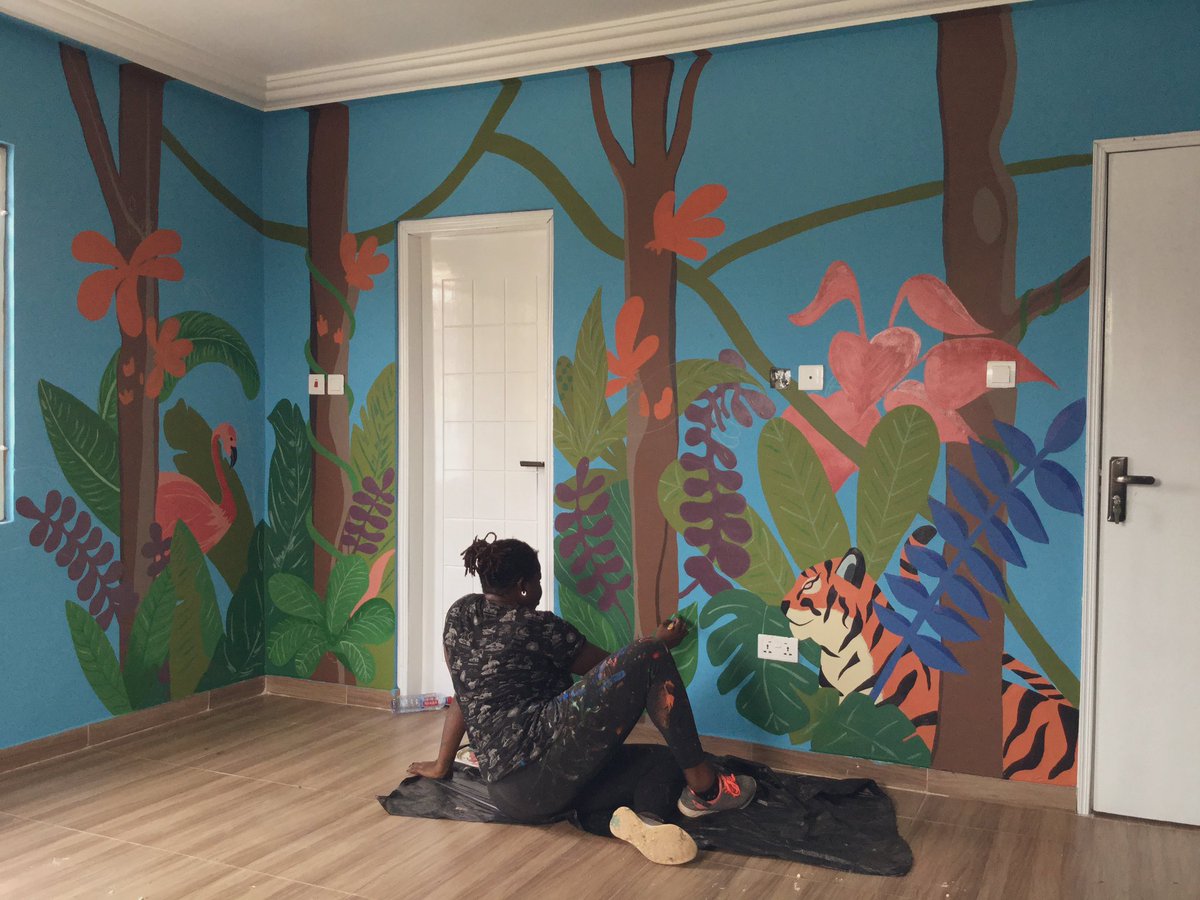 FemalePainter's tweet image. What i have been up to , 30% in .... #progressshot #workinprogress #art #artist #mural #muralist #painter #africa #ghana #accra #jungleforkids #tiger #flamingo #flora #fauna #wcw #wce