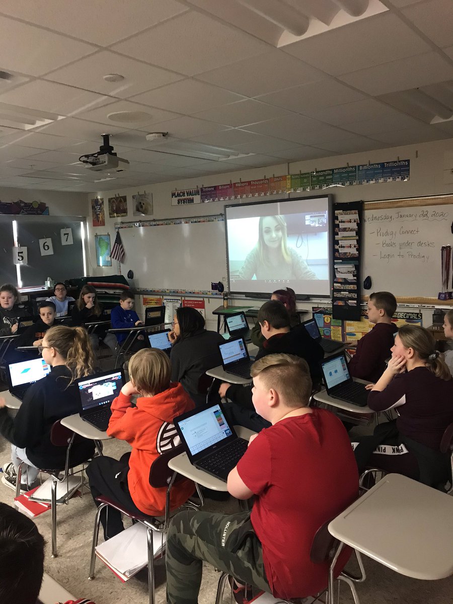 RMSPrincipal06's tweet photo. The World is Flat-All the way from Canada-Ms. Elise Cole from Prodigy leading a discussion with Mrs. Hunts math class on game design and math. Students provided input on how to develop the game further. @russellind #RDN https://t.co/dPMIquKrnU