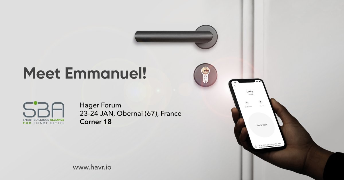 HavrBrightLock's tweet photo. Tomorrow, meet @EmmanuelRemy1 at the annual #SBA #SmartHome Convention at Hager Forum.
We'll be taking part in this event for the first time to present our Li-Fi enabled smart lock, #BrightLock.
If you're around you can book a meeting with Emmanuel ➡️ https://t.co/LdsNoXKH6w https://t.co/TnQnB5FMzL