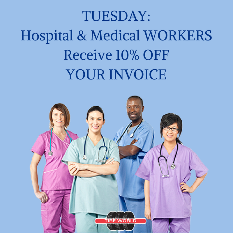 TireWorld1's tweet photo. Every TUESDAY: Hospital and Medical Workers Receive 10% OFF YOUR INVOICE!  #TireWorld  #Tampa https://t.co/jyi9plGzfr