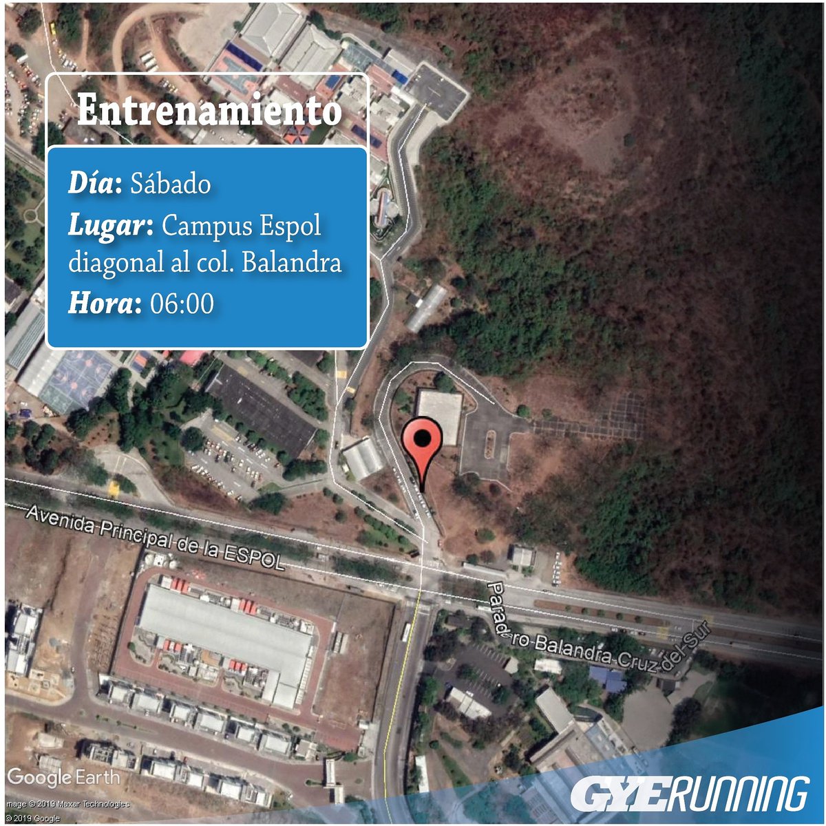 NOS VEMOS EL FIN DE SEMANA:

↪ Día: Sábado 25 de Enero.

↪ Lugar: Campus de la Espol junto al UPC o diagonal al Colegio Balandra como se muestra en la imagen con una marca roja.

↪ Hora: 06:00.