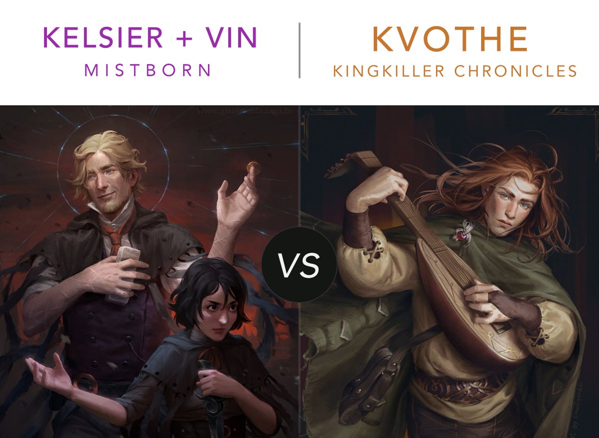 theternalrealms's tweet photo. Vin + Kelsier from @BrandSanderson's Mistborn trilogy vs Kvothe from @PatrickRothfuss's Kingkiller Chronicles... who would emerge victorious?

#fantasynovel  #wizardwednesday #wizards 
*Art by Giselle Almeida https://t.co/bUsgVIwtm6