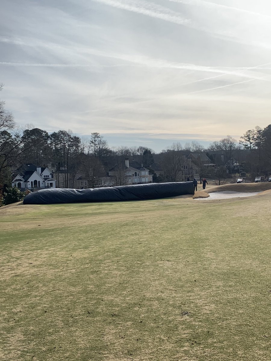 Covers are coming off this morning. We should be in good shape for our 11am shotgun. The crew is also working hard to finish up the new drainage on 18 fairway. In order to do this we will place tee markers in the fairway to play it as a par 4.