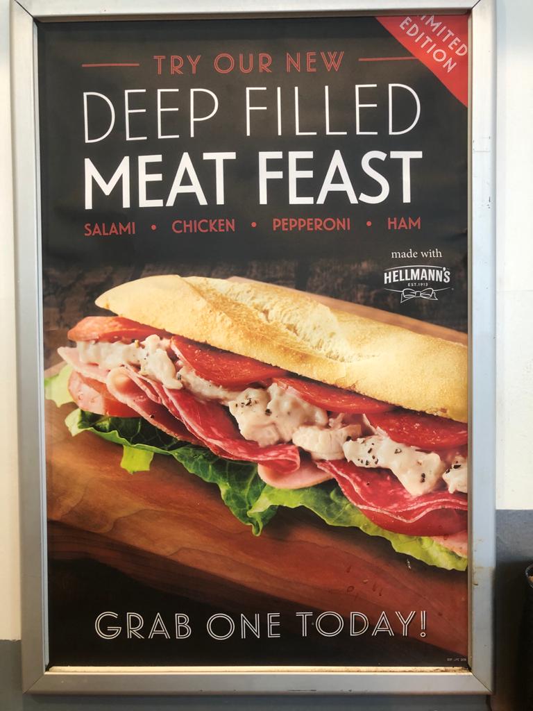 HughFW's tweet photo. In the light of discussions on the #AskHugh @rivercottage twitter chat today you have to wonder what a 4-meats sandwich like this is doing to the planet. But at least @UpperCrust_uk serve in paper, not plastic. Swings and roundabouts... https://t.co/Dl5BYEwF0j