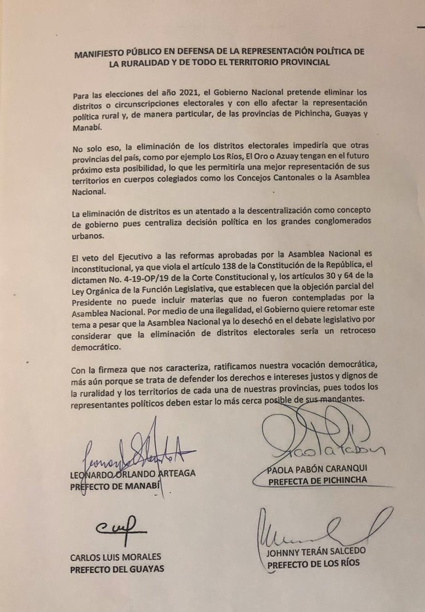 somos_rc's tweet photo. Los prefectos de las provincias de Pichincha @PaolaPabonC, Manabí @LeoOrlandoA, Guayas @CLMoralesB y Los Ríos @jteransalcedo se pronuncian en defensa de los Distritos Electorales porque promueven una representación más justa de los territorios rurales. #MiDistritoSeRespeta https://t.co/5hxy1IVNWJ