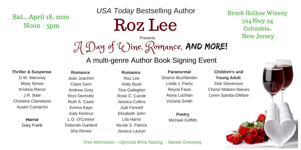 RozLee_Author's tweet photo. We've got a great lineup this year for the 7th annual book signing event at @BrookHollowWine! Come out for some wine and a chance to meet the authors! #booklovers #winelover #Literature #amreading #amreadingromance #thrillers #books #paranormalromance #YoungAdult #ChildrensBooks https://t.co/QbI2gdu94b