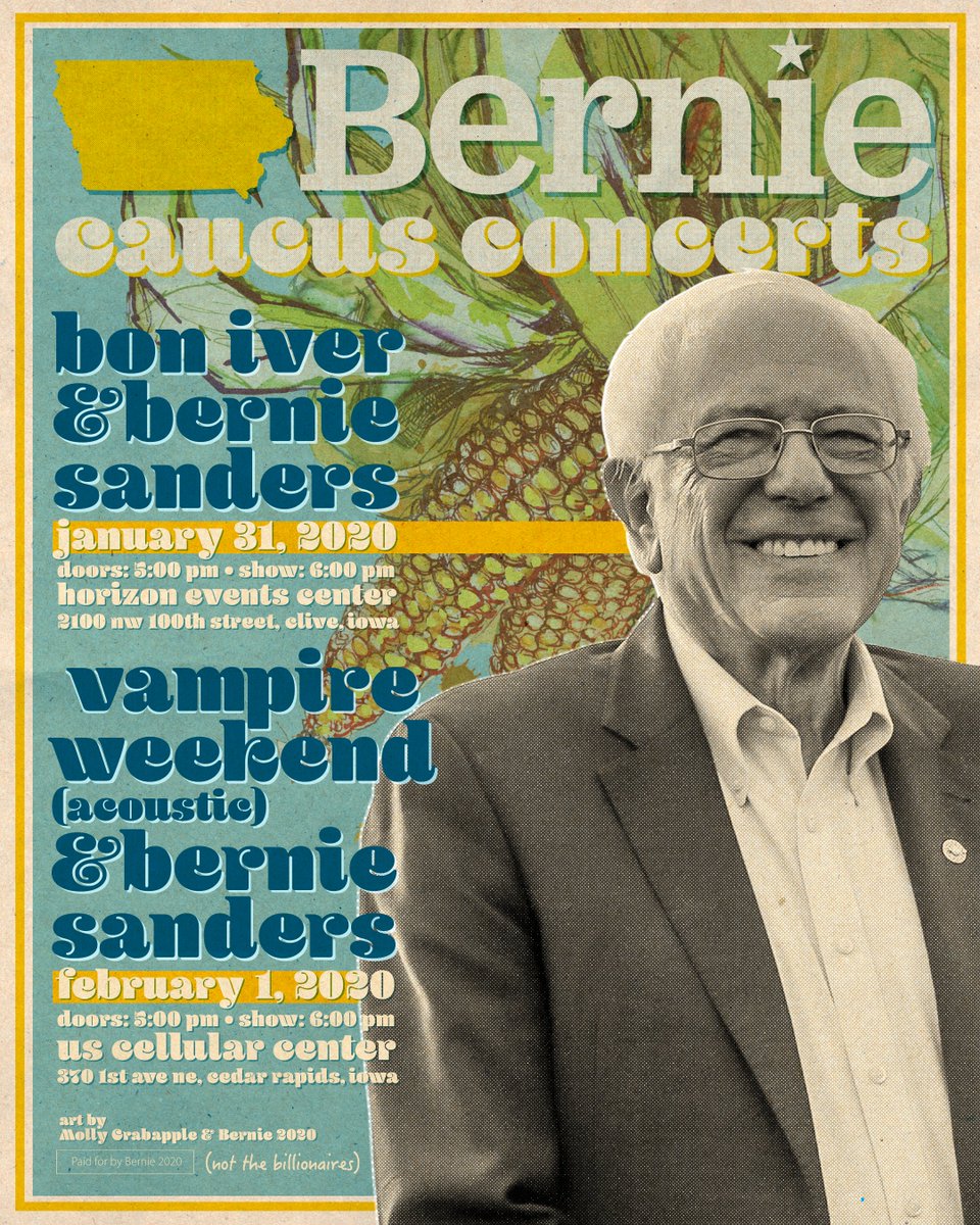 Bernie Sanders (@berniesanders) on Twitter photo I'm very excited to announce our two caucus concerts, with <a href="/boniver/">Bon Iver</a> in Clive and <a href="/vampireweekend/">Vampire Weekend</a> (acoustic) in Cedar Rapids! RSVP here:
1/31 with Bon Iver in Clive: events.berniesanders.com/event/208308/
2/1 with Vampire Weekend (acoustic) in Cedar Rapids:
events.berniesanders.com/event/208309/ I'm very excited to announce our two caucus concerts, with <a href="/boniver/">Bon Iver</a> in Clive and <a href="/vampireweekend/">Vampire Weekend</a> (acoustic) in Cedar Rapids! RSVP here:
1/31 with Bon Iver in Clive: events.berniesanders.com/event/208308/
2/1 with Vampire Weekend (acoustic) in Cedar Rapids:
events.berniesanders.com/event/208309/