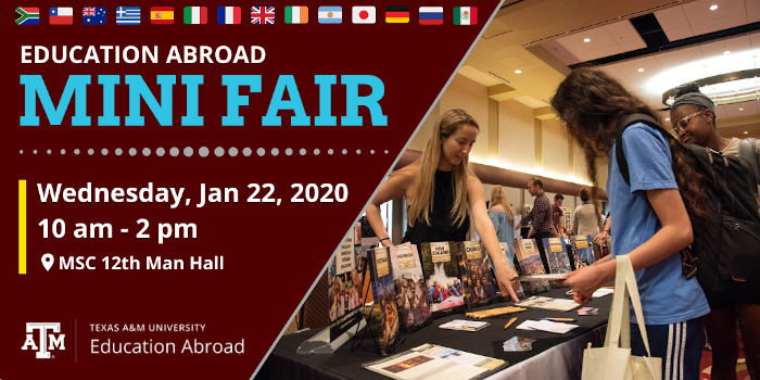 graphic that says education abroad mini fair wednesday january 22 10 to 2 pm msc 12th man hall