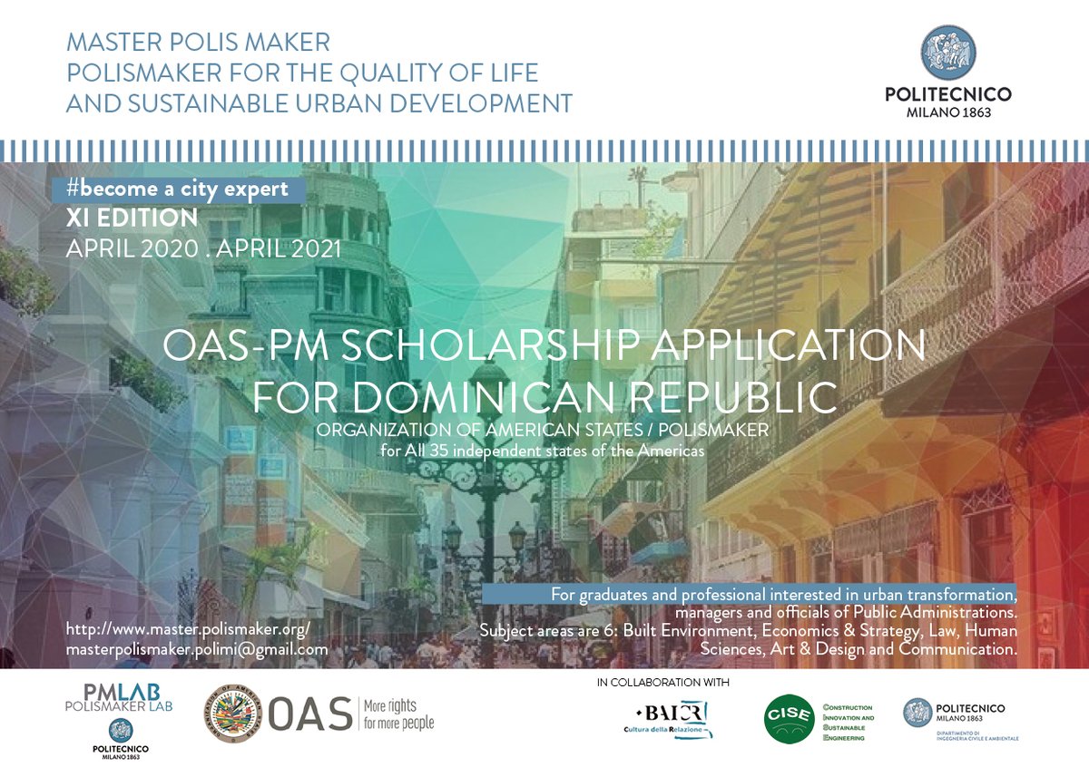 PolisMaking's tweet photo. #OAS in collaboration with CISE #POLIMI offer you the chance to gain #scholarships for the #masterpolismaker Apply now!
➡More information: https://t.co/gmt4JLTh9u
#BecomeaCityExpert #oas_scholarships #Scholarship #DominicanRepublic #oas_official #domrepublic
@OASscholarships https://t.co/83Z05Q5OYF