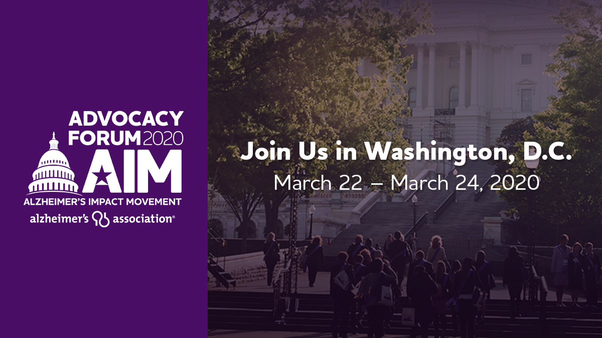 ALZIMPACT's tweet image. Learn, network &amp;amp; take action to #ENDALZ at the 2020 AIM Advocacy Forum! Join more than 1,000 fellow advocates in D.C. March 22-24 to urge Congress to make Alzheimer's a national priority. Register TODAY at alz.org/forum #alzforum