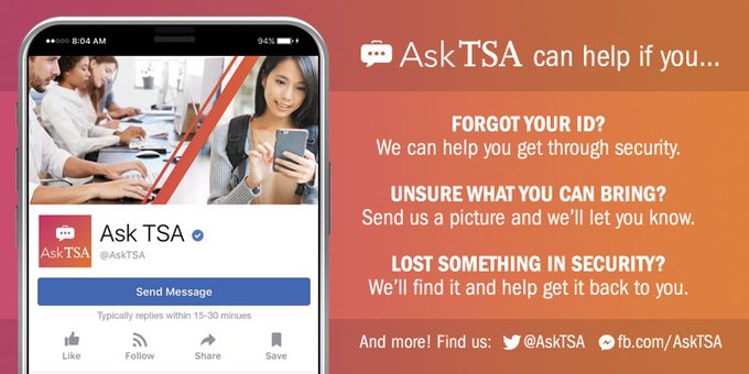 TSA's tweet photo. Do you have questions about airport screening procedures or prohibited items? Our AskTSA team is standing by to help! Send your questions to AskTSA on #Facebook or #Twitter for assistance. https://t.co/VdBFOBMs9Q