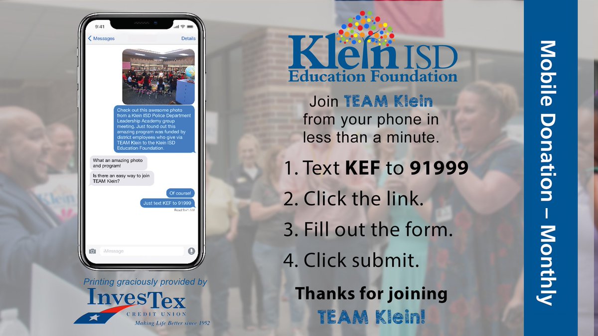 KleinFoundation's tweet photo. Have you ever wondered if there was an easy way to join #teamklein?! The answer, of course, is yes! Follow the 4 easy steps listed and you will be set in less than a minute. #kleineducationfoundation #kef #text2donate https://t.co/HcV0twMFc4