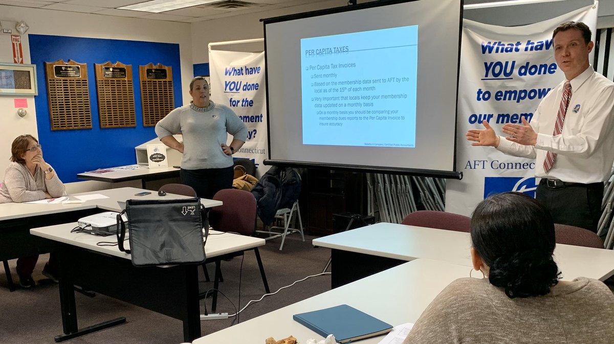AFTCT's tweet photo. Last night #union leaders gathered for session of popular course for local treasurers presented by #AFTCT sec’y-treasurer, @MalettaCompany on protecting members' collective finances. #LaborCrossroads @AFTUnion @AFT_PE @AFTHealthcare @AFTTEACH @AFTHigherEd @PSRP_AFT @AFTMembBen https://t.co/9EOVNDMUIk