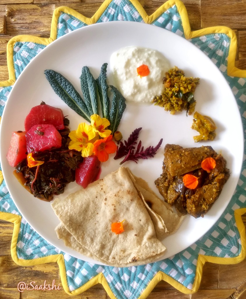  #dinnertime peepul!  #Baingan  #Brinjal  #Eggplant  #Stirfry,  #Amaranth cooked with  #Kholrabi  #KnolKhol,  #Chilly- #peanut  #chutney,  #Karela  #Achar  #Pickle, and some  #salad  #homegrown  #Nasturtium() and  #Kale. And of course,  #Jowar  #Bhakri  #DesiTadka  #KitchenYoga  #dinnerideas