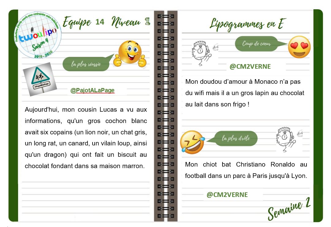 Un grand bravo aux gagnants de la semaine !
#twoulipo #EQ14 Saison 4 semaine 2
<a href="/CM2C1/">CM2C</a>
<a href="/CM2Cedric/">CE2 Cedric</a>
<a href="/CBACM2Lavinaud/">CM2 Lavinaud</a>
<a href="/PaceCm2/">CM2APace</a>
<a href="/PajotALaPage/">PajotÀLaPage</a>
<a href="/CMWattrelos/">CM2 Wattrelos</a>
@CM2VERNE
