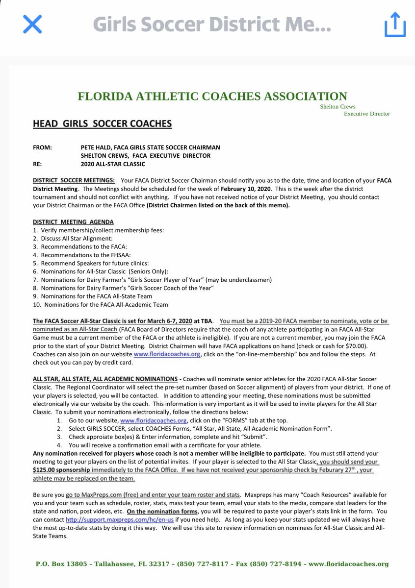 FACACoach's tweet photo. 2020 GIRLS SOCCER ALLSTAR MEETING INFO. If you haven’t received anything from your rep by February 6th, contact our office. https://t.co/fFQp7pFTXa