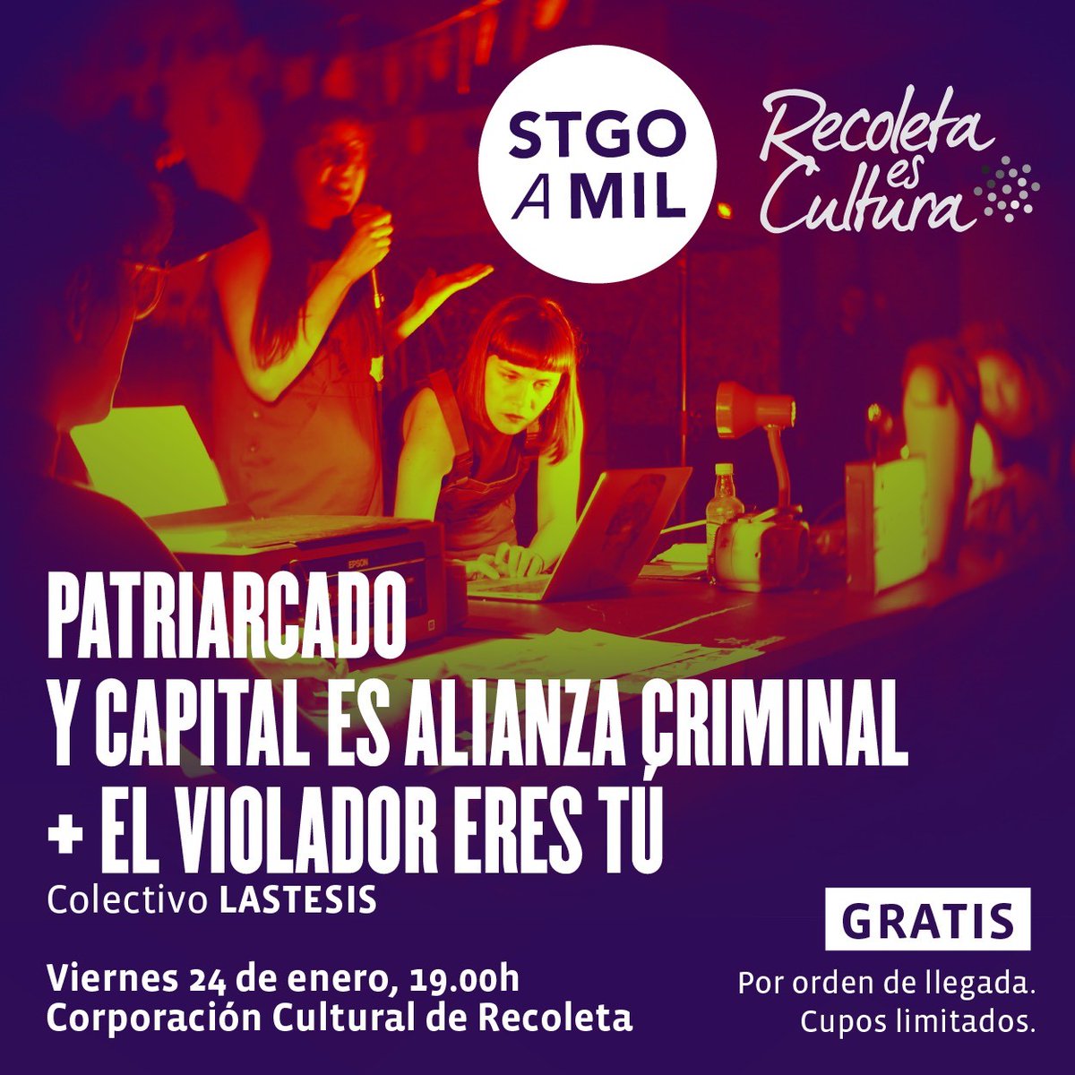 CulturaRecoleta's tweet photo. Este #viernes se presenta el colectivo @lastesisoficial en #Recoleta con su trabajo en desarrollo PATRIARCADO Y CAPITAL ES ALIANZA CRIMINAL + EL VIOLADOR ERES TÚ, puesta en escena que reflexiona problemáticas de género desde la mirada feminista. #RecoletaesCultura https://t.co/s06X0avB0n