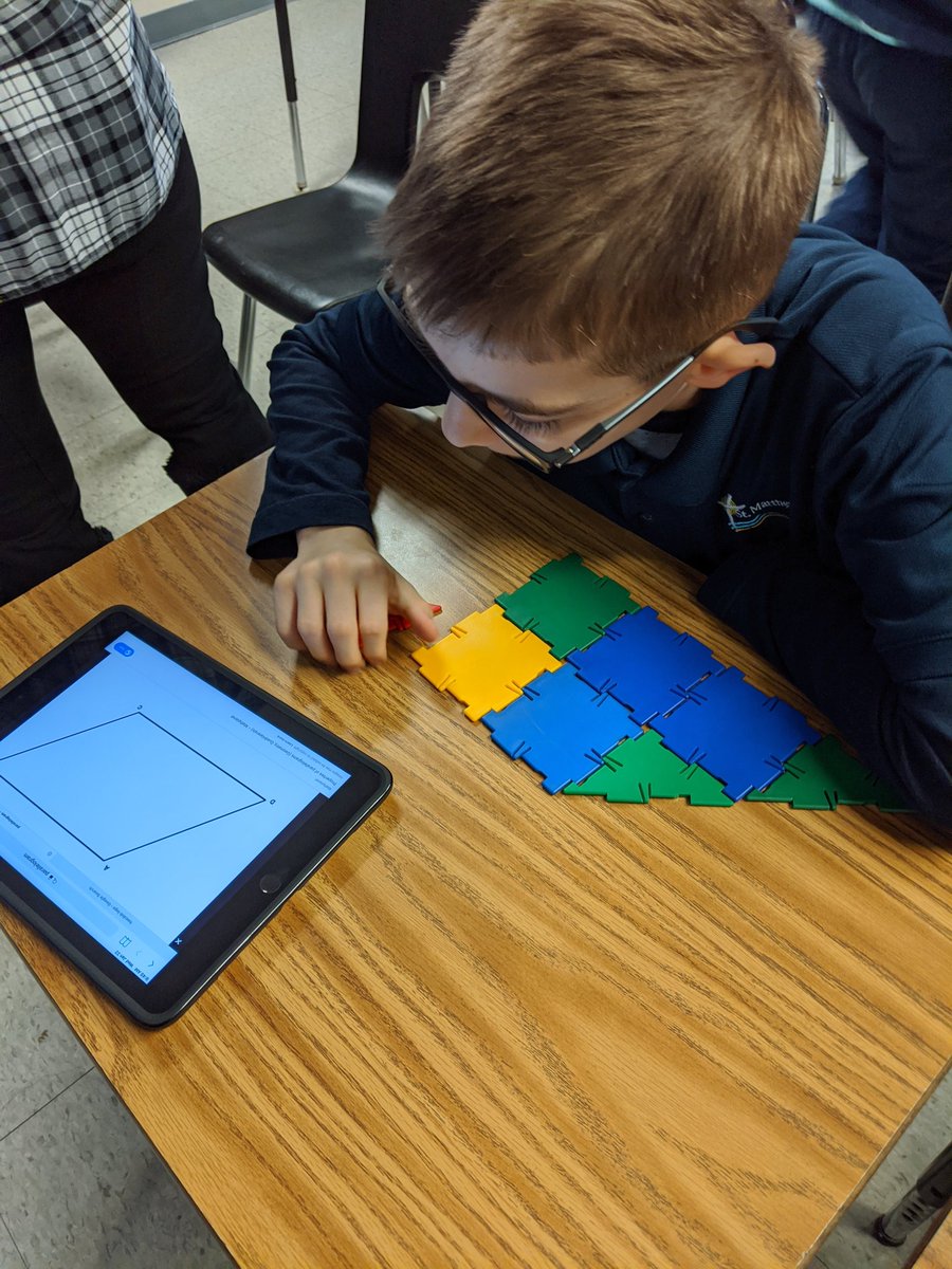 NGMBowen's tweet photo. Mrs Vuckovic's Gr 6s used #polydrons to transform parallelograms into rectangles and pairs of triangles into quadrilaterals to prove area formulas. They then used @Mathies apps to display their work. Great visual activity for kinesthetic learners! @hwcdsbmathk8 @stmtces https://t.co/tBSg8KRPMY