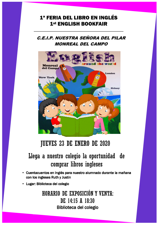 COLEGIOMONREAL's tweet photo. ¡POR FIN LLEGA LA FERIA DEL LIBRO INGLÉS"

El jueves día 23 celebraremos en el colegio la "I Feria del libro inglés de Monreal"
Por la tarde, de 14:15 a 18:30, todas las familias, profesorado y vecinos de Monreal del Campo y alrededores, podrán mirar y comprar libros de Ciencias https://t.co/12OYbWTDU3