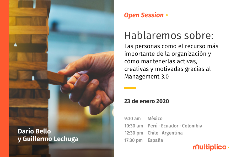 multiplica's tweet image. ¿Ya te registraste en nuestra primera #OpenSessionMX del 2020? Mañana jueves 23 de enero estaremos con Guillermo Lechuga y Dario Bello hablando sobre cómo energizar a las personas con Management 3.0. 
¡No te la pierdas! Regístrate aquí:  lnkd.in/e83CDgF