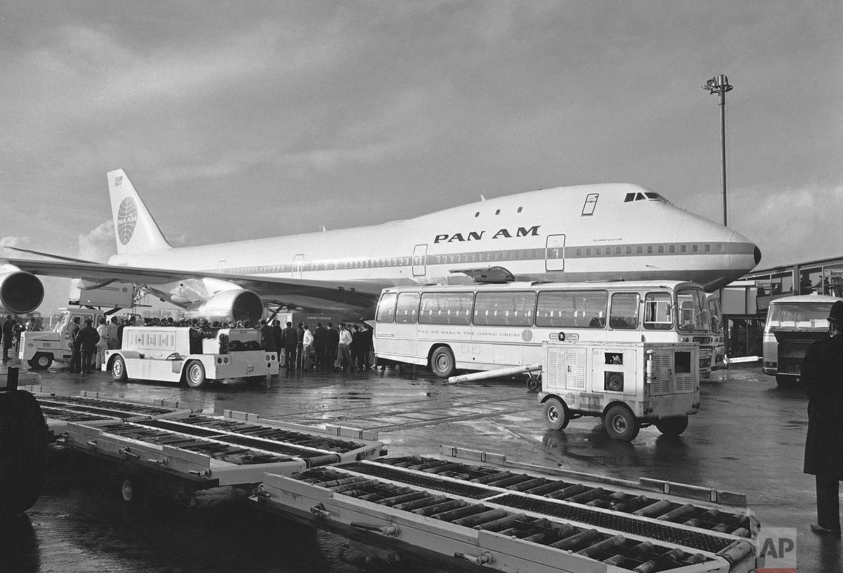 AP_Images's tweet photo. 50 years ago today, the first regularly scheduled commercial flight of the Boeing 747 began in New York and ended in London some 6 1/2 hours later. Photo shows the Pan Am Boeing 747 at Heathrow Airport after it's maiden commercial trans-Atlantic flight on Jan 22, 1970. https://t.co/Gl3UbsW5QB