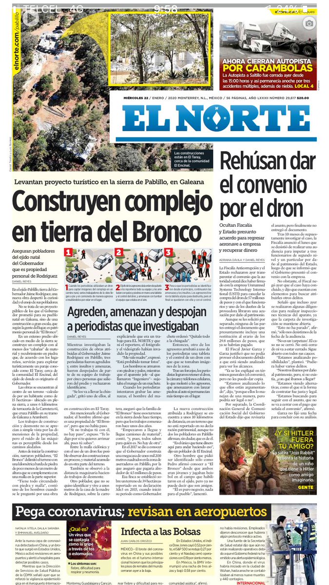 dreyesmty's tweet photo. Hoy en @elnorte :

- Construyen complejo de cabañas en tierras de @JaimeRdzNL ; pobladores afirman es del Gobernador 

- Ocultan supuesto convenio para deshacer compra del #Broncodron 

- El #coronavirus ya anda cerca https://t.co/GHfrEyvUzq