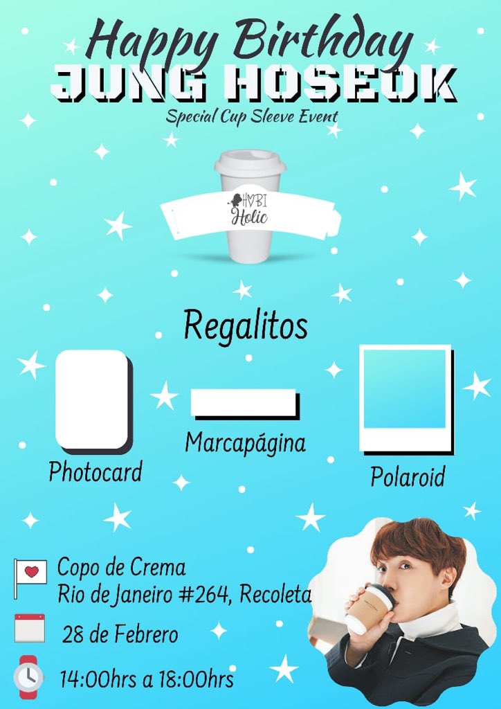 Hobiholic218's tweet photo. ✨ TENEMOS EVENTO PARA EL CUMPLEAÑOS DE HOBI ✨

Ven a nuestro de Cup Sleeve en ❄️Copo de Crema ❄️ 

💌 Viernes, 28 de febrero de 2020 de 14:00 a 18:00 hrs.

Tendremos regalitos, exhibición de goods de Hoseok y BTS!

PLEASE RT! 
@BTS_twt #BTS #BTSTOUR2020 #BTSINCHILE2020 #JHOPE https://t.co/YQ5RkUUn1Y
