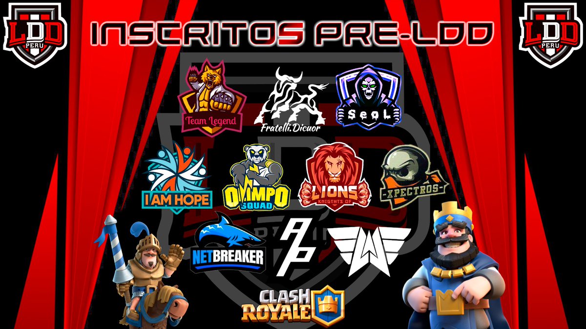 #LDD | #PeruCR 

📢Lo prometido es deuda y por llegar a 60❤️ mostramos a 10 equipos más inscritos💪⚔️🇵🇪

<a href="/OlimpoSquad/">Olimpo Squad⚡️</a> 
<a href="/AyllusPeru_Cr/">Ayllus Perú</a> 
@TeamLegend_PE 
<a href="/TeamSeoLCR/">Team SeoL CR 🇵🇪</a> 
<a href="/FDicuore/">Fratelli.Dicuor</a> 
<a href="/IAmHopeCR/">IAH</a> 
@KnigthtsLions 
<a href="/XpectrosCr/">Xpectros</a> 
@NetBreakerGG 
@LoweEsportsGG