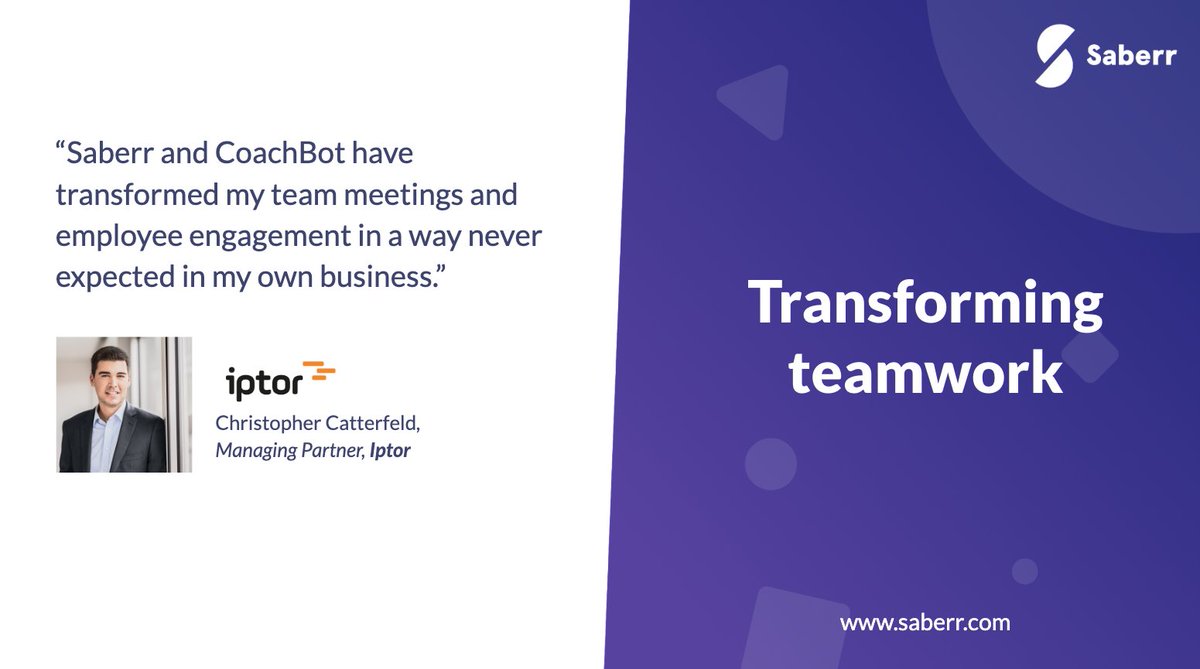 Saberr's tweet image. &quot;Saberr and #CoachBot have transformed my #TeamMeetings &amp;amp; #EmployeeEngagement in a way never expected in my own business. Therefore, helping Saberr in the next stage of growth &amp;amp; development was the easiest #investment decision ever made.&quot;

Thank you! @ChrCatterfeld 🙌