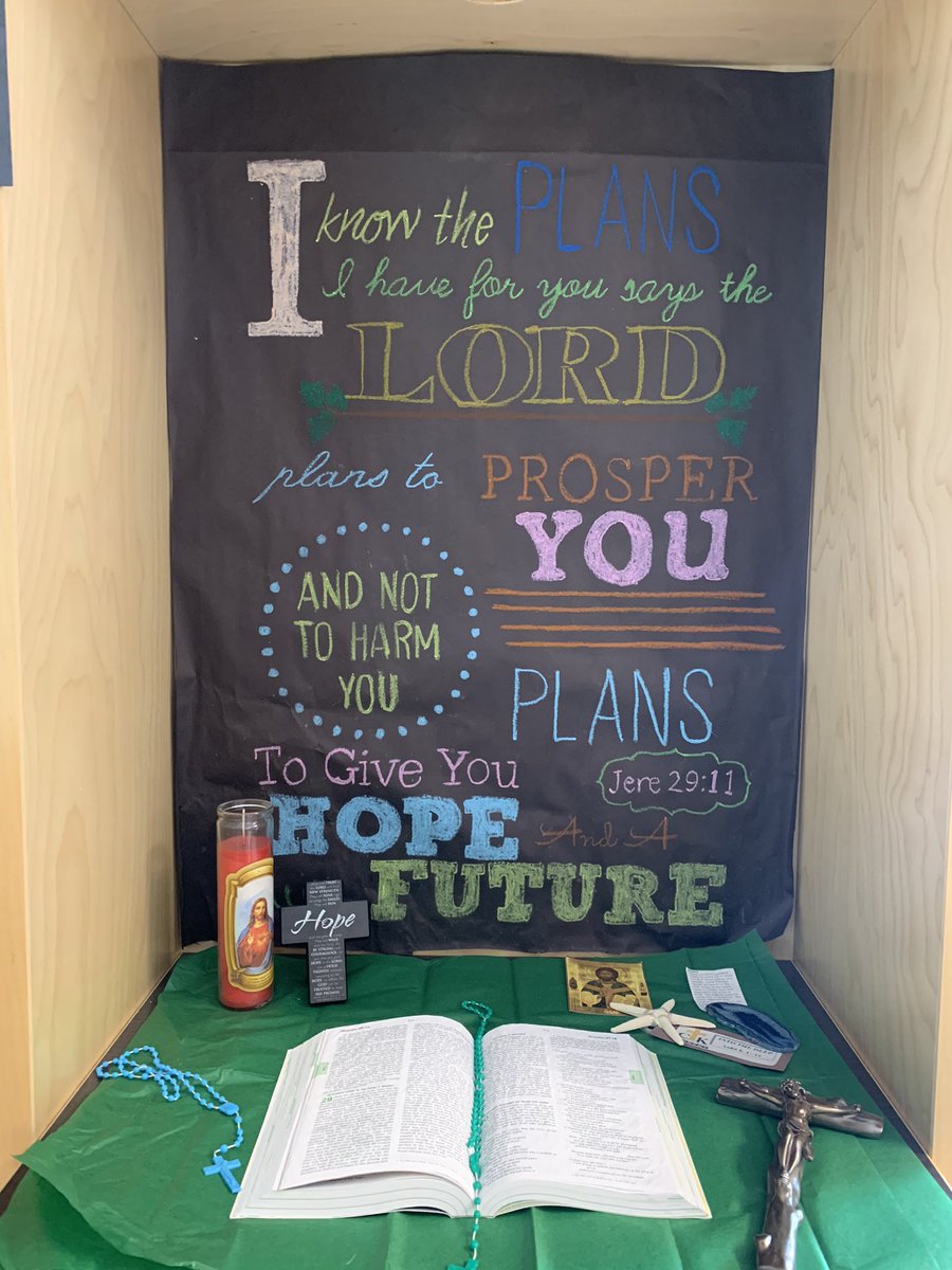 Mark #2: Catholic worldview is present in physical space, liturgical celebrations and prayer life. Have a look at this beautiful prayer corner in one of our junior high classes! How can you create a prayer space with your family in your home? #IBelieveInCatholicEd