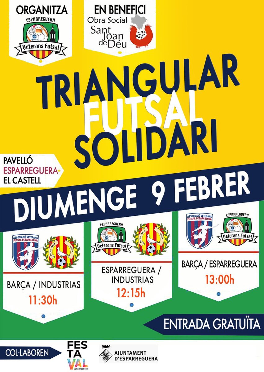 Diumenge 9 de Febrer al Pavelló El Castell triangular solidari en benefici a la Obra Social Sant Joan de Déu.... vine a gaudir dels partits i fes el teu donatiu a les guardioles solidàries