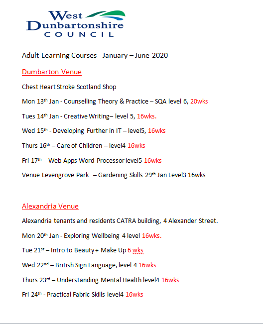 Start 2020 with a new adventure!! - Adult Learning courses available in Dumbarton &amp; Alexandria. Contact Laura on 07816212772