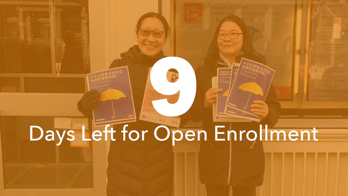 Photo of two women advertising the health insurance marketplace with an orange overlay. Text reads, “9 Days Left for Open Enrollment.”
