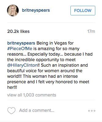 During the 2016 election, Britney was forced to remove the hashtag  #ImWithHer from her post supporting Hillary Clinton because she is allegedly not allowed to vote while she is under a conservatorship.  #FreeBritney