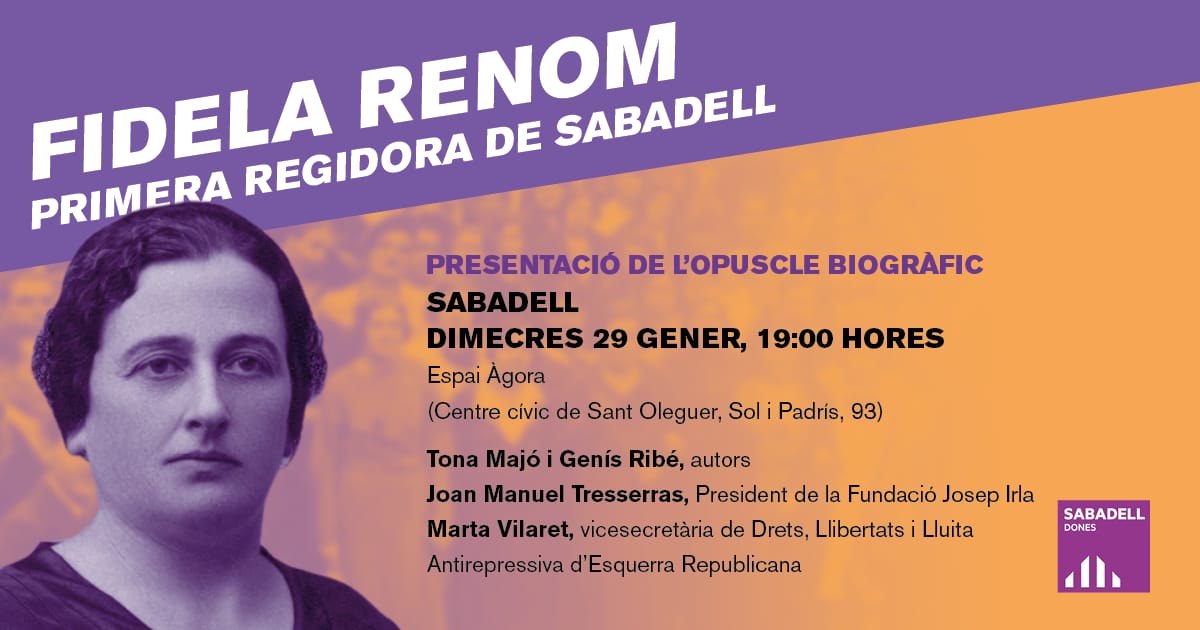 ercsabadell's tweet photo. ⚠️ Falten 7⃣ dies. ⌛

♀ Sabies que la republicana #FidelaRenom va ser la primera regidora de l'@Aj_Sabadell?

🔴 @DonesERC_SBD et convida a conèixer-la millor. 👇🏻

🗓 Dc 29 gener
🕖 19 h
📍 @EspaiAgora (centre cívic St. Oleguer)
🆓 Entrada lliure

#SabadellRepublicana #Sabadell https://t.co/iBHL1M0GvF