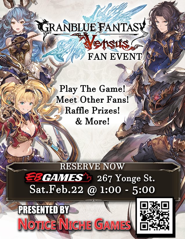 NNGToronto's tweet photo. Calling all Skyfarers! Join us for a grand celebration between Fighting Games x RPG! Granblue Fantasy Versus marks GBF’s first localization into the west! 

Free Play will be on throughout the event time, with raffle prizes to boot!

https://t.co/BWJ9kFGqyf https://t.co/o5K7QiJvoj