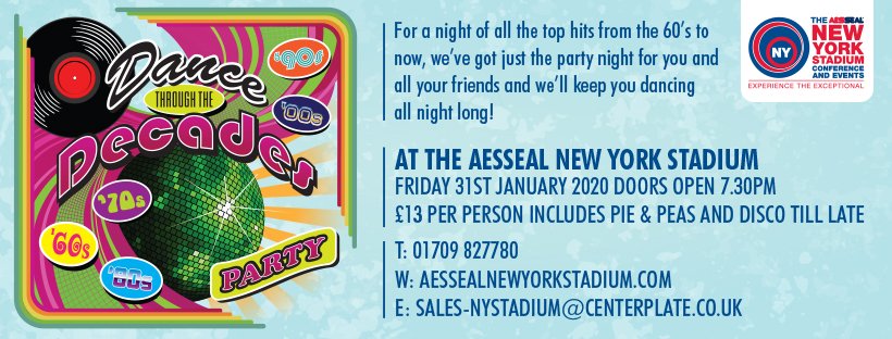 Dance away those January blues with us at our Dance Through the Decades party night!

We have a few remaining tickets left, so don't miss out - bit.ly/38BLp5L

#aessealnewyorkstadium #rufc #rotherhamiswonderful #rotherham #millers #eventplanner #events