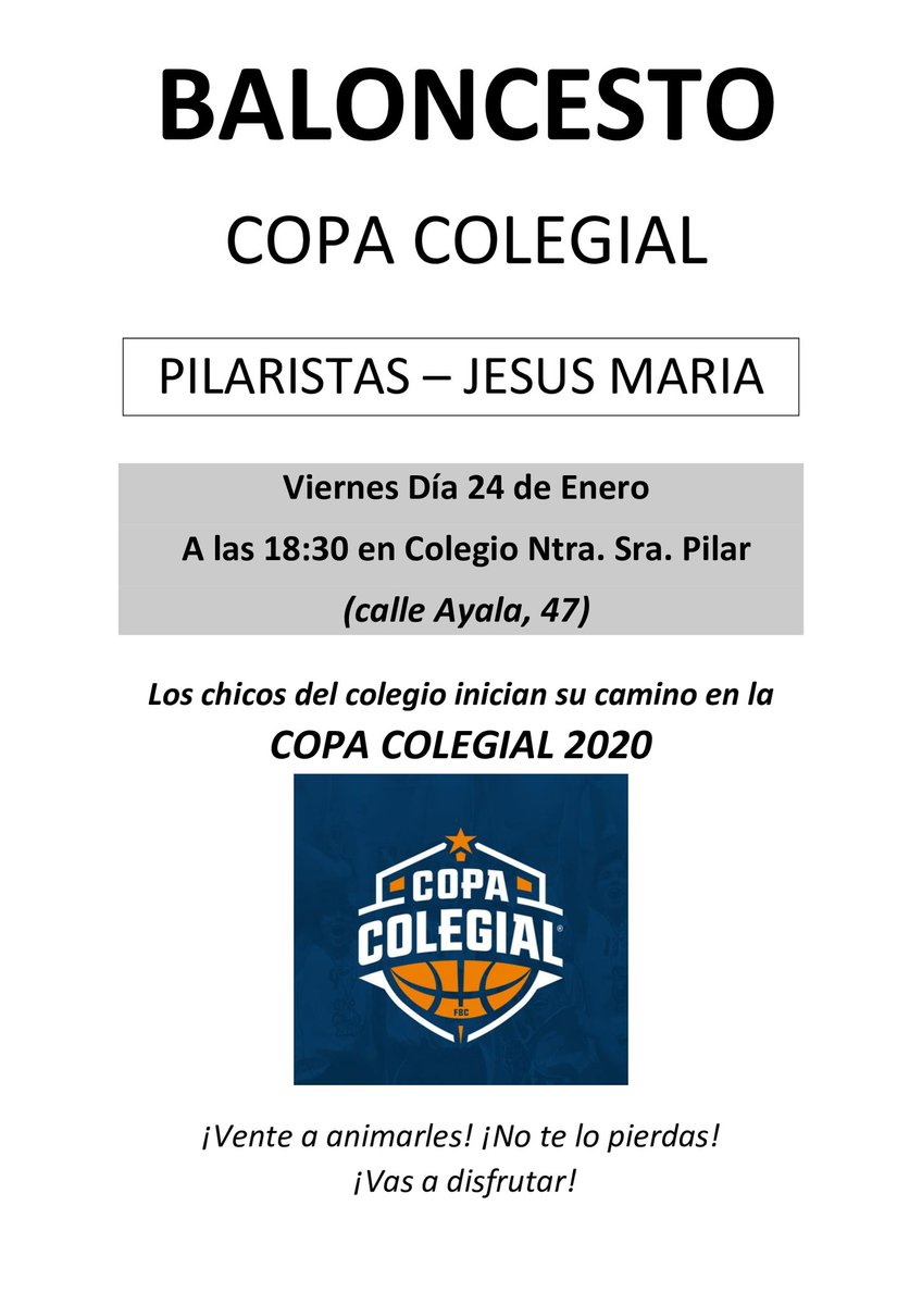 cdjesusmaria's tweet photo. Este viernes día 24 los CHICOS @cdjesusmaria comienzan su aventura en #CopaColegialMadrid contra PILARISTAS. Queda con tus amigos, compra un refresco y unas patatas, y vente a animarles!! No faltes!! #GoChusma https://t.co/5yCYMawN1v