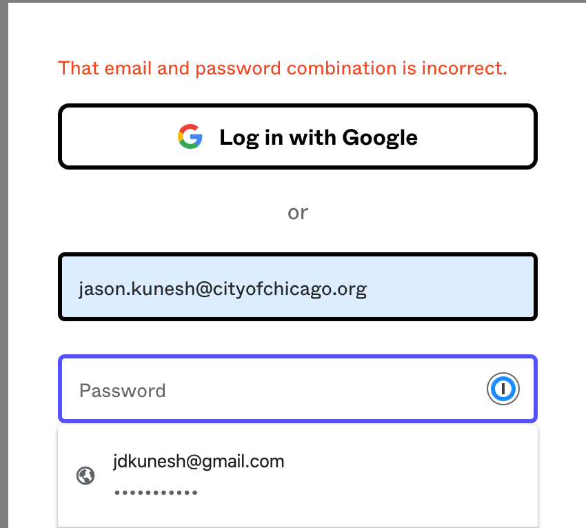 ChiDesignDir's tweet photo. This screen always makes me so sad bouncing between @figma accounts with @1Password. Why won't it fill user &amp; password from the account? 😫 #computersarehard #oldmanyellsatcloud https://t.co/KRNiA085nR