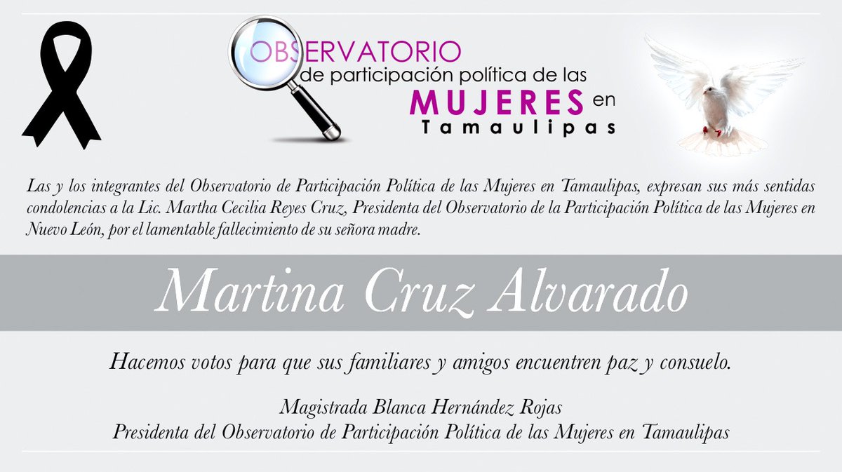 observtam's tweet photo. Las y los integrantes del @observtam lamentamos profundamente el deceso de la Sra. Martina Cruz Alvarado, madre de la Lic. Martha Cecilia Reyes Cruz, Presidenta del @Obs_MujeresNL. https://t.co/czp5nSrkTF