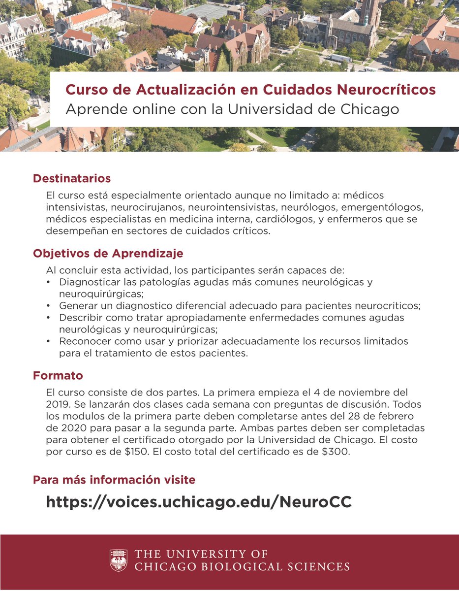 We’re proud to offer the Neurology Critical Care online course in Spanish for CME credits. For more information please visit: cme.uchicago.edu/NeurocriticalC… #MedEd #CME