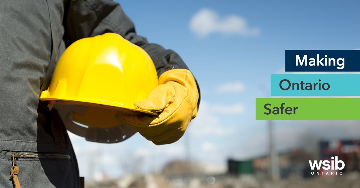 Man in a coverall suit holds a yellow hard hat. The copy reads Make Ontario Safer. 