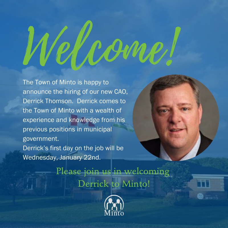 TownofMinto's tweet photo. The Town of Minto is happy to announce the hiring of our new CAO, Derrick Thomson! ✔️

Derrick’s first day on the job will be Wednesday, January 22nd. Please join all of us in welcoming Derrick to Minto! 👋

https://t.co/TKEx5Re4LV https://t.co/KhOfuzuuPe