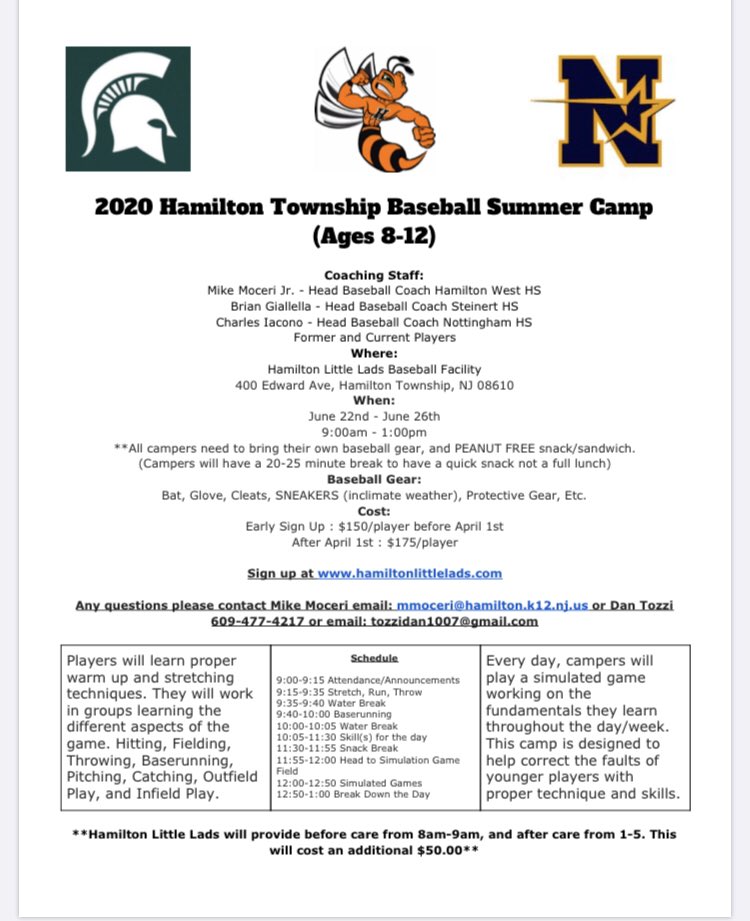 Spread the word! All 3 Hamilton Twp. Coaches will be running a summer baseball camp June 22nd-26th @ Hamilton Little Lads. Ages 8-12. Sign up at hamiltonlittlelads.com