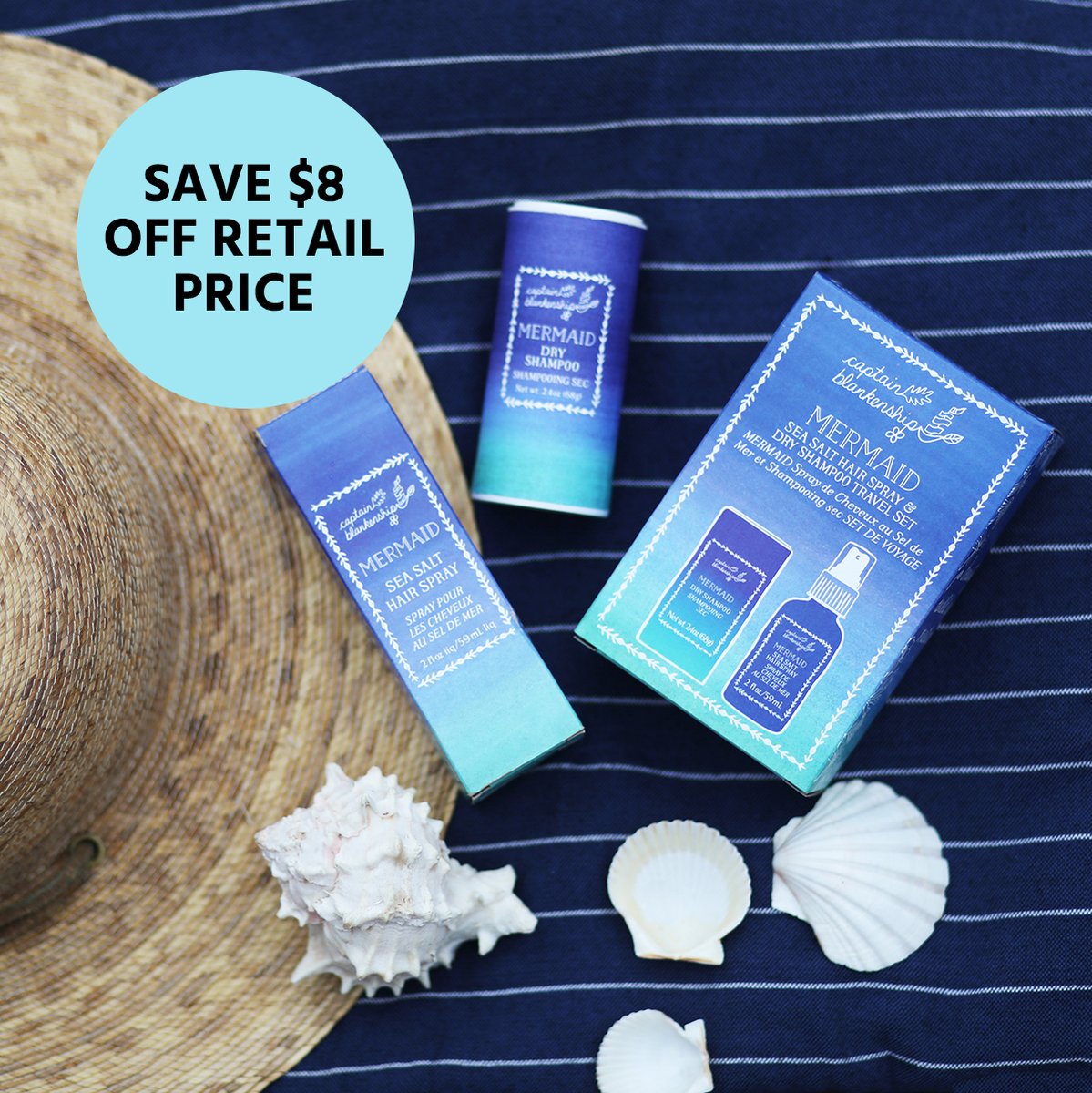 New Mermaid Hair Styling Travel Set! Includes TSA approved sizes for our Mermaid Sea Salt Hair Spray and Mermaid Dry Shampoo. Priced at $20, $8 savings off retail! 
soo.nr/o5jv